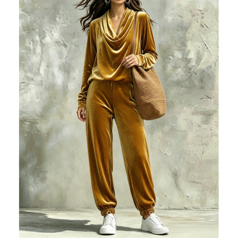 Damen Samt-Lounge-Set mit Wasserfallkragen und Jogger-Hose Drune