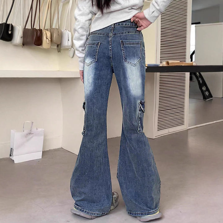 Damen weite ausgestellte Jeanshose im Cargostil mit Zierbändern, Spitzenapplikationen und Mehrfachtaschen Drune