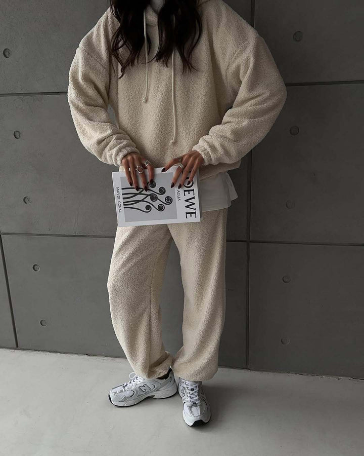 Damen Kuscheliges Sherpa-Loungewear-Set mit Oversized-Kapuzenpullover und weiten Bündchenhosen Drune
