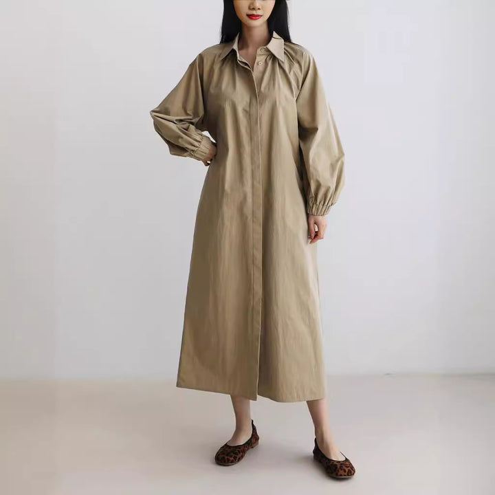 Damen Hemdkleid mit Taillengürtel, Stehkragen und Ballonärmeln Drune