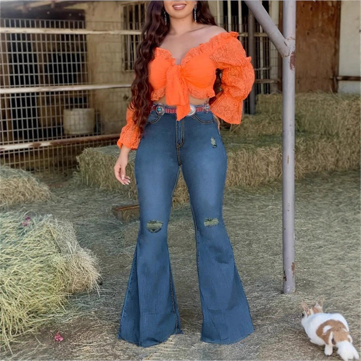 Damen Figurformende Schlagjeans im Retro‑Flair mit zerrissenen Knien und taillenbildendem Komfortbund Drune