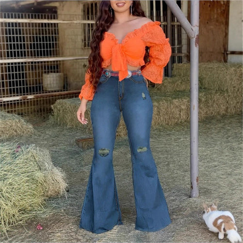 Damen Figurformende Schlagjeans im Retro‑Flair mit zerrissenen Knien und taillenbildendem Komfortbund Drune