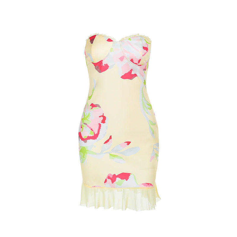 Damen ärmelloses Minikleid mit floralen Mustern und Rüschensaum Drune