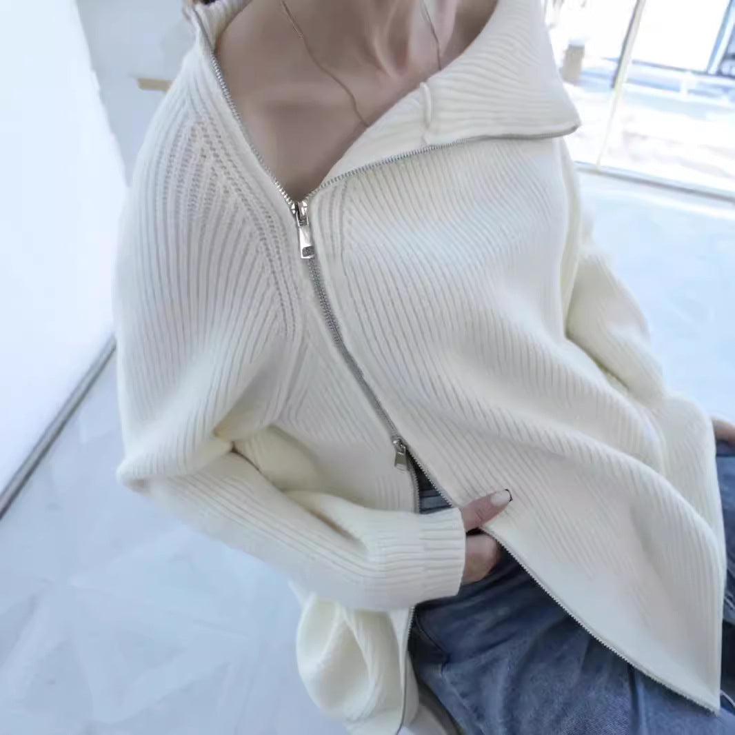 Damen Oversized Pullover mit asymmetrischem Reißverschluss und hochgeschlossenem Kragen Drune