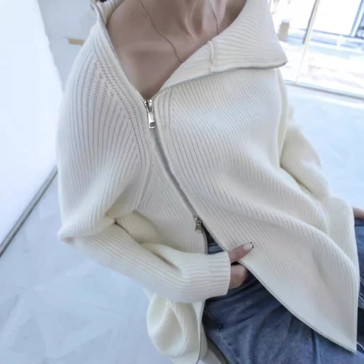 Damen Oversized Pullover mit asymmetrischem Reißverschluss und hochgeschlossenem Kragen Drune