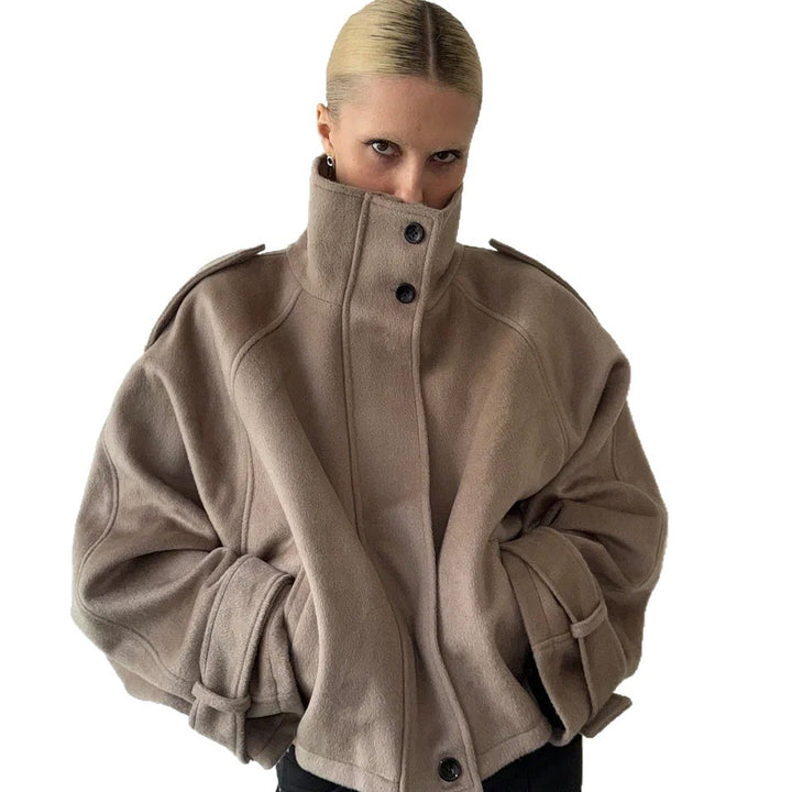 Damen modische Wolljacke mit hohem Kragen und Knopfdetails Drune
