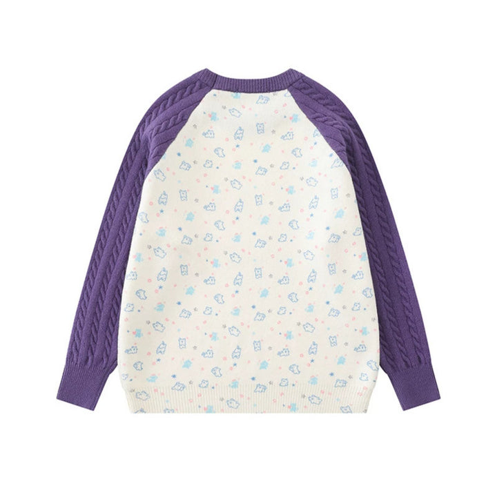 Damen Strickpullover mit Raglanärmeln, Zopfmuster-Ärmeln und Cartoon-Katzenfrontprint Drune