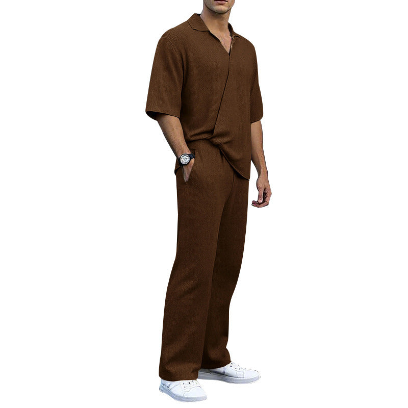Herren nan feinstrukturierter Zweiteiler mit offenem Polokragen Kurzarmshirt und gerader Komfortbundhose Drune