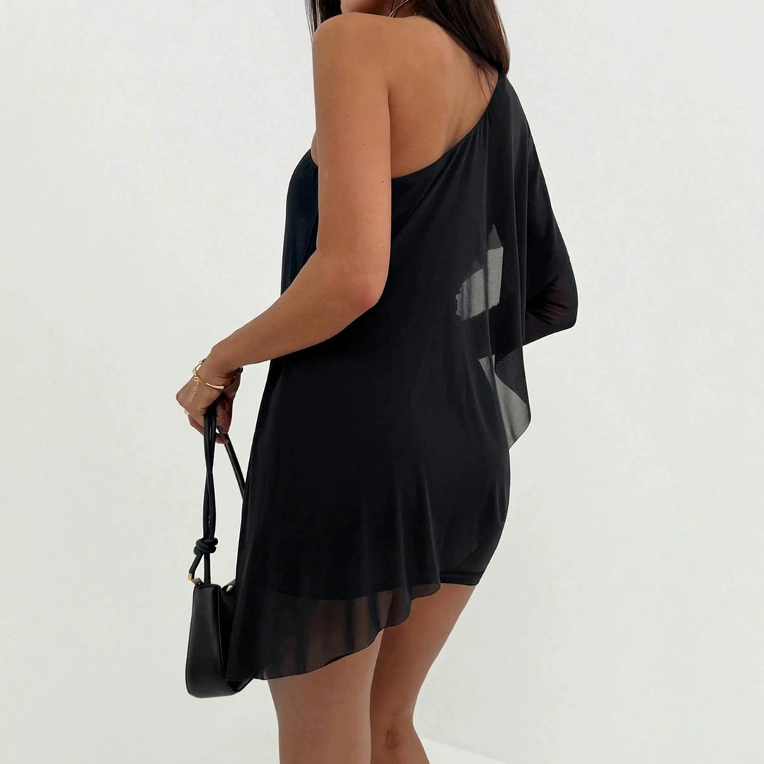 Damen nan asymmetrisches schulterfreies Minikleid mit Drapierung und gerafftem Rock Drune