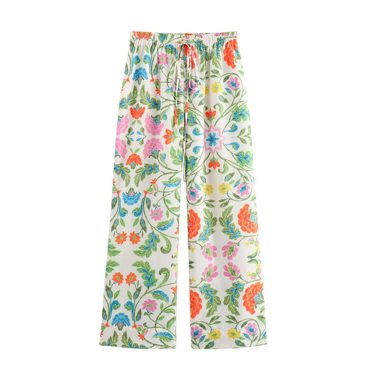 Damen weite Palazzohose mit Tunnelzugbund und floraler Stickoptik Drune