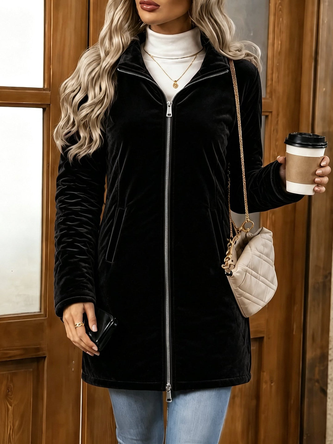 Damen Langer Veloursjacke mit Zwei-Wege-Reißverschluss und Stehkragen Drune