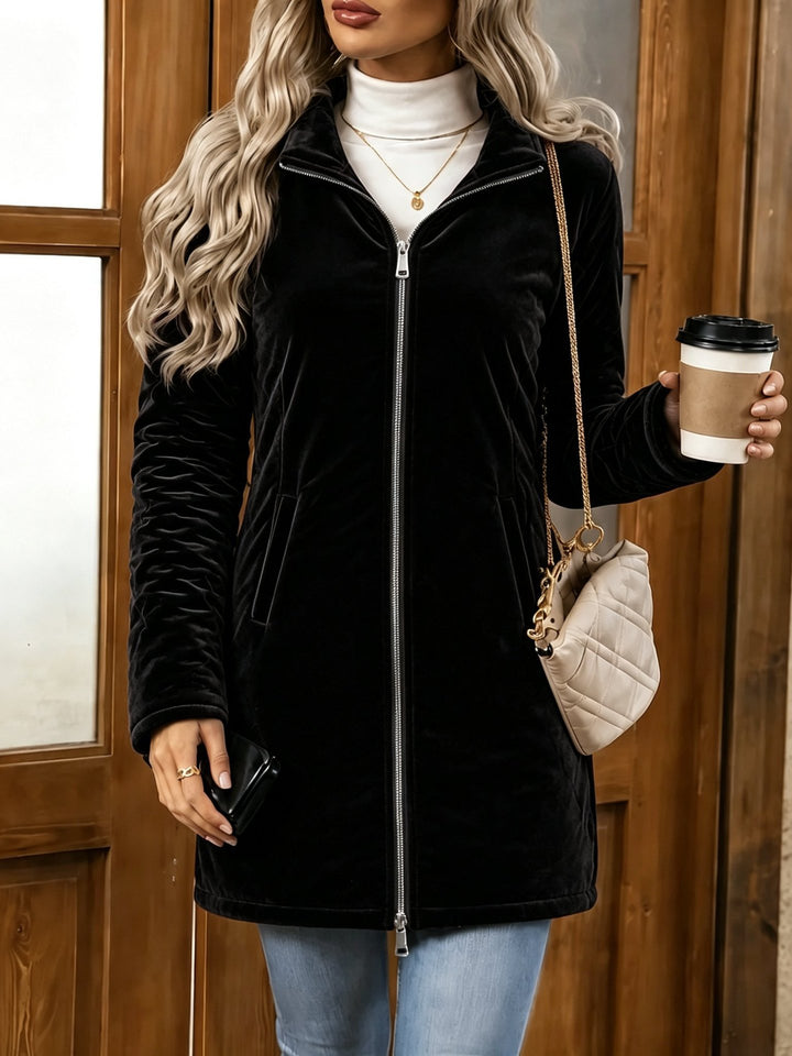 Damen Langer Veloursjacke mit Zwei-Wege-Reißverschluss und Stehkragen Drune