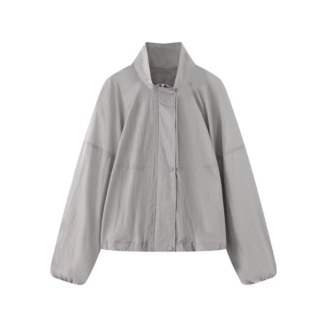 Damen Leichte Oversize-Blousonjacke aus Nylon mit Stehkragen, Kordelzug und Druckknopfverschluss Drune
