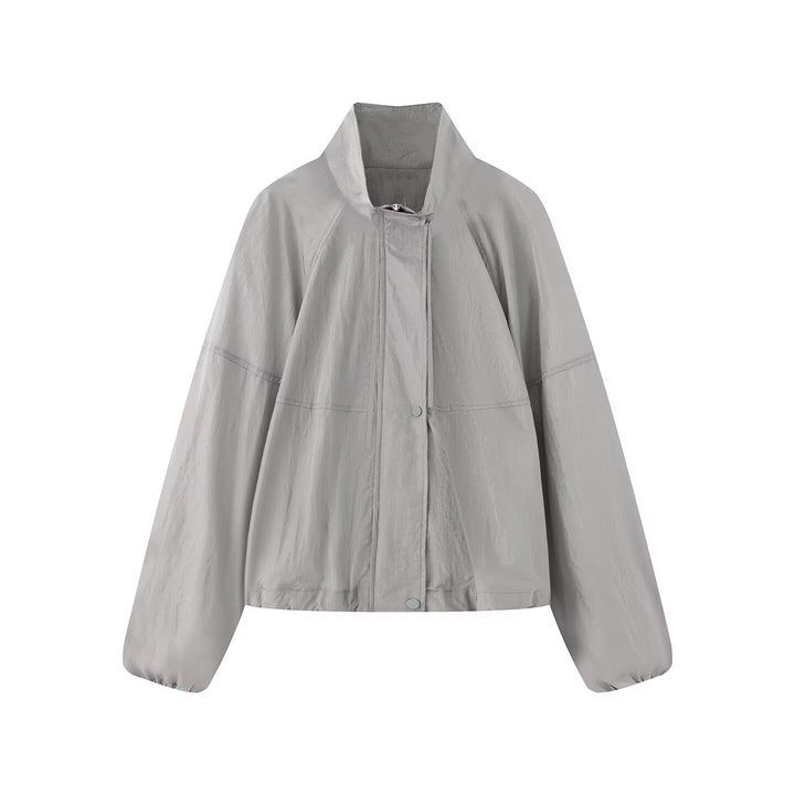 Damen Leichte Oversize-Blousonjacke aus Nylon mit Stehkragen, Kordelzug und Druckknopfverschluss Drune