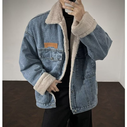 Herren Denim-Jacke mit Kunstfellkragen Drune