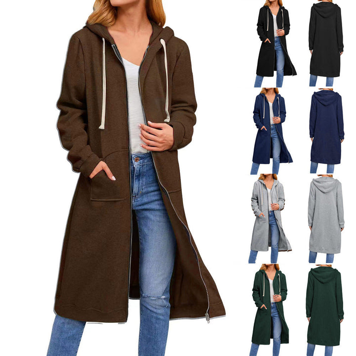 Damen lange Kapuzenjacke mit Reißverschluss und praktischen Taschen Drune