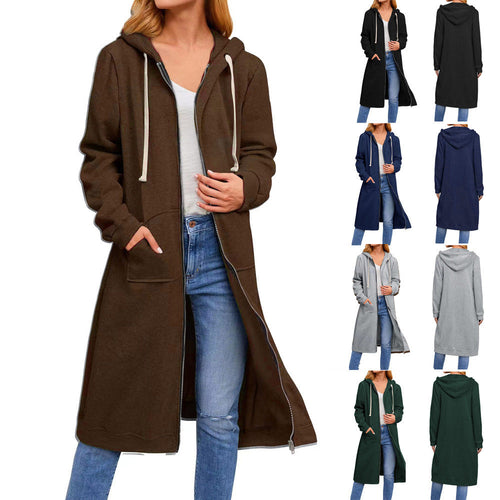Damen lange Kapuzenjacke mit Reißverschluss und praktischen Taschen Drune