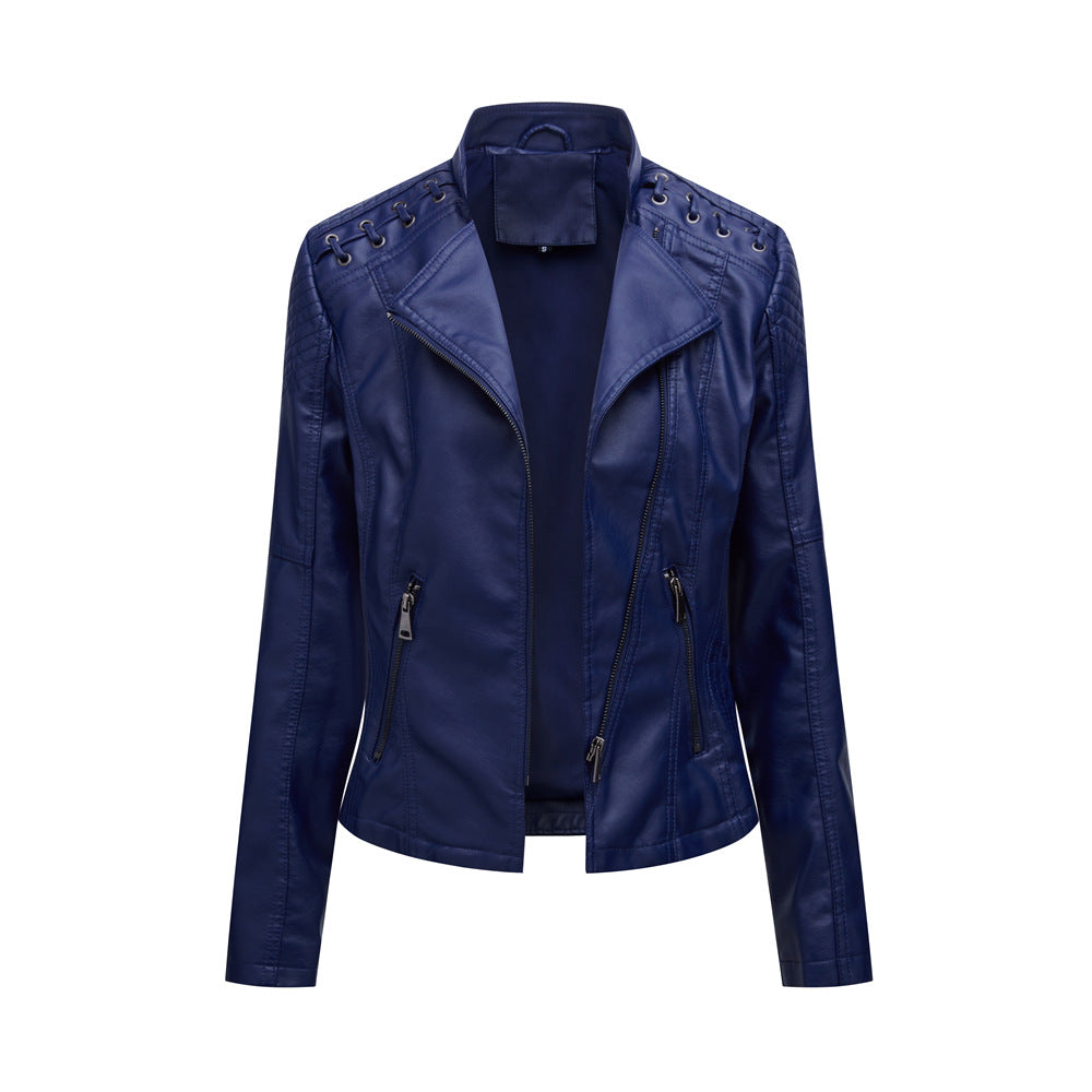 Damen nan kurze Bikerjacke aus Kunstleder mit dekorativen Ösenschnürungen an den Schultern Drune
