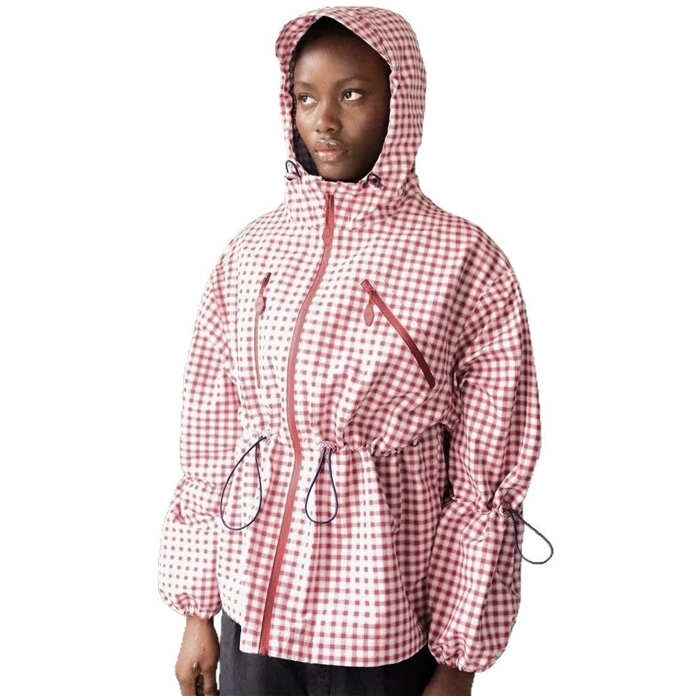 Damen Karo-Windbreaker mit Taillenzug, Kapuze und Reißverschluss Drune
