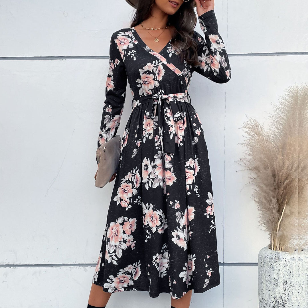 Damen Florales Wickel-Midikleid mit V-Ausschnitt, Taillengürtel und ausgestelltem Rock Drune