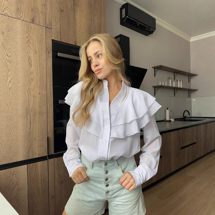Damen Chiffon-Bluse mit mehrlagiger Volant-Rüsche und Perlmuttknöpfen Drune