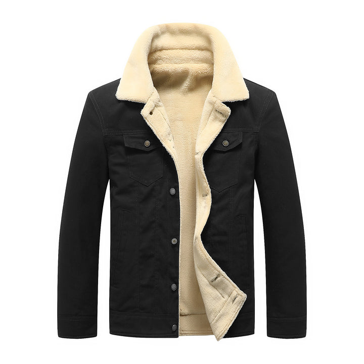 Herren Gefütterte Sherpa‑Truckerjacke mit Kunstfellkragen und Pattentaschen Drune