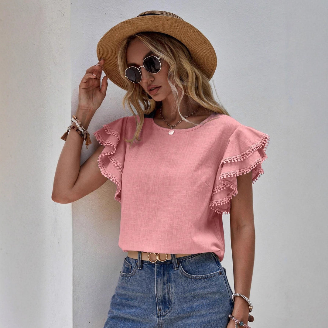 Damen Bluse mit Volantärmeln und Pompon-Spitzenbesatz Drune