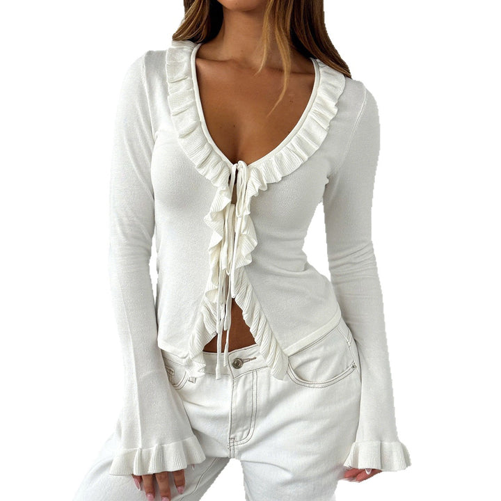 Damen nan tailliertes Rüschen-Feinstrick-Cardigan mit Bindeband, V-Ausschnitt und Volantärmeln Drune