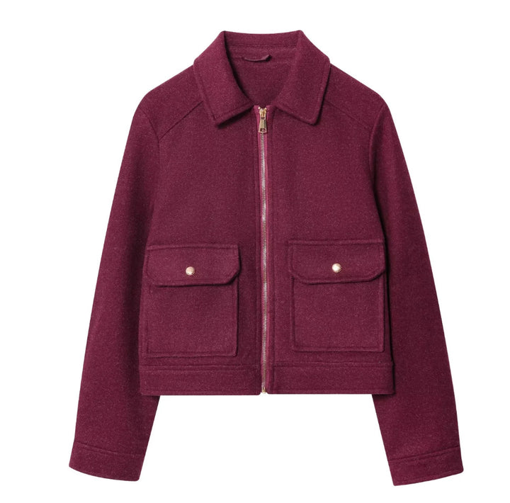 Damen 40+ kurze Woll‑Blousonjacke mit goldfarbenem Reißverschluss und aufgesetzten Pattentaschen Drune