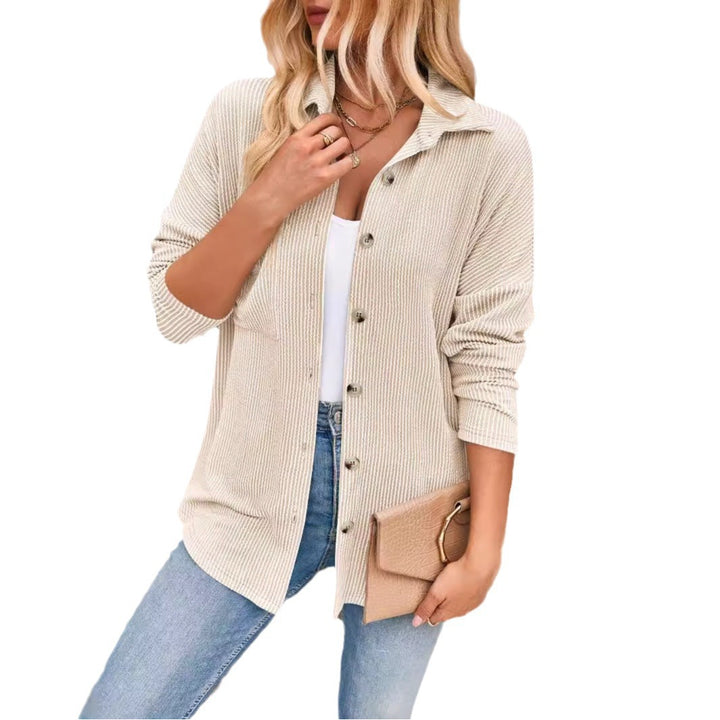 Damen Gerippte Oversize-Hemdjacke mit durchgehender Knopfleiste und Hemdkragen Drune