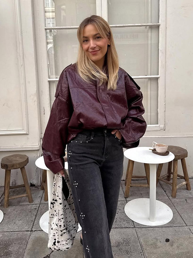 Damen Kurzblouson in glänzender Lackoptik mit Boxy‑Silhouette und überschnittenen Schultern Drune