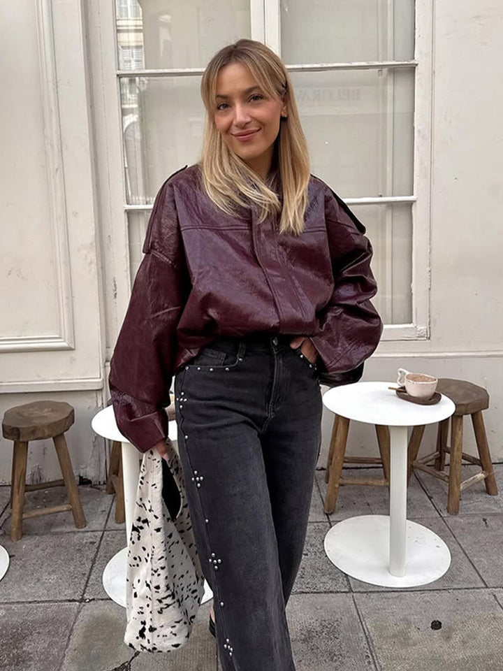 Damen Kurzblouson in glänzender Lackoptik mit Boxy‑Silhouette und überschnittenen Schultern Drune