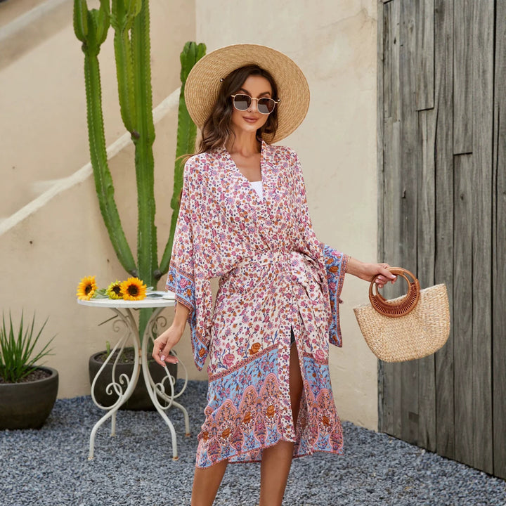 Damen Kurzer Boho-Kimono-Morgenmantel mit Bindegürtel und breiten Kimonoärmeln Drune