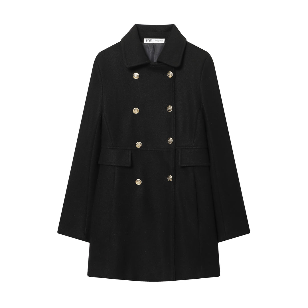 Damen Zweireihiger Wollmantel mit ausgestelltem Faltenrock und goldenen Zierknöpfen Drune