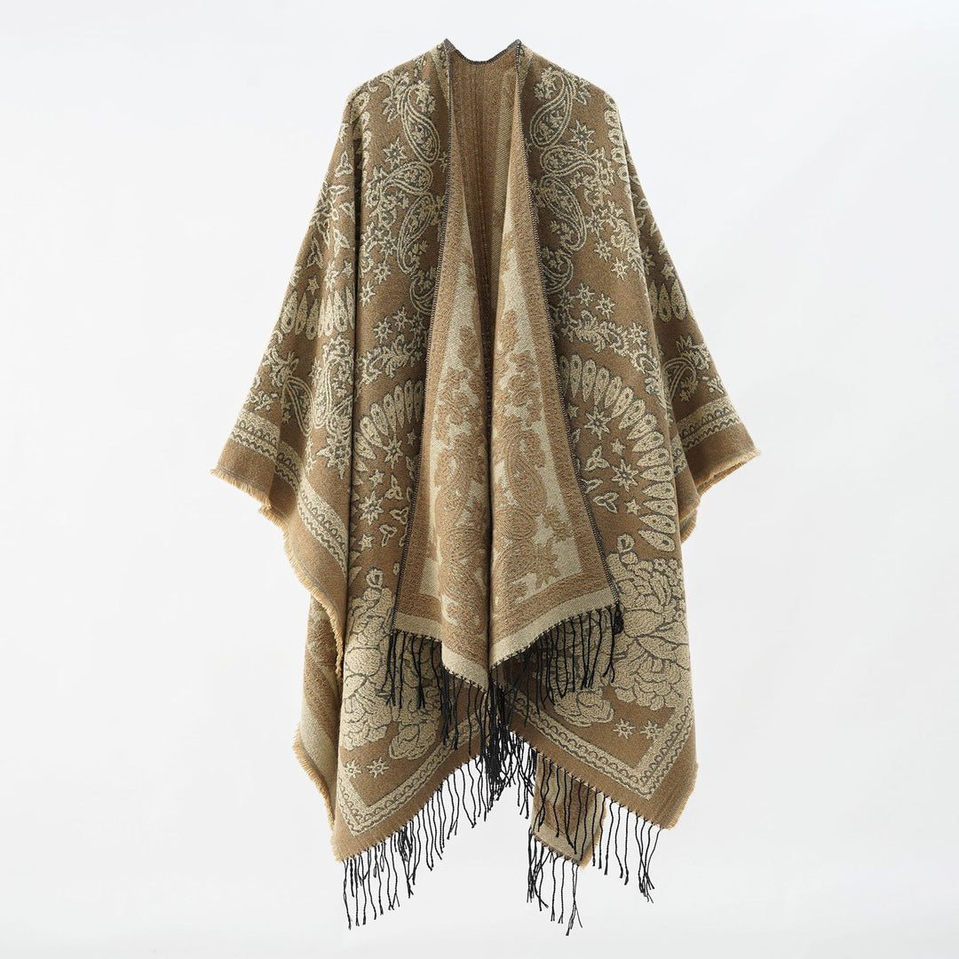 Damen Jacquard-Umhangponcho aus Wollmix mit beidseitigem Paisley-Jacquard und Fransen Drune