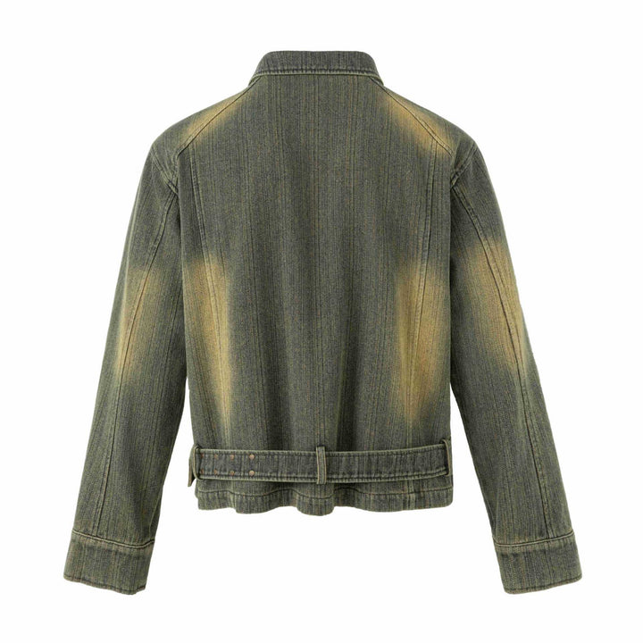 Damen Bestickte kurze Denim-Blousonjacke mit Taillengürtel und Reißverschluss Drune