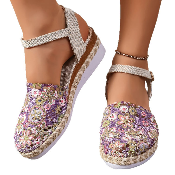 Damen elegante Espadrilles mit handgefertigtem Häkel-Design und verstellbarem Knöchelriemen Drune