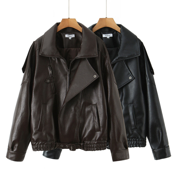 Damen Modische Kunstlederjacke mit erotischem Revers und elastischem Saum Drune