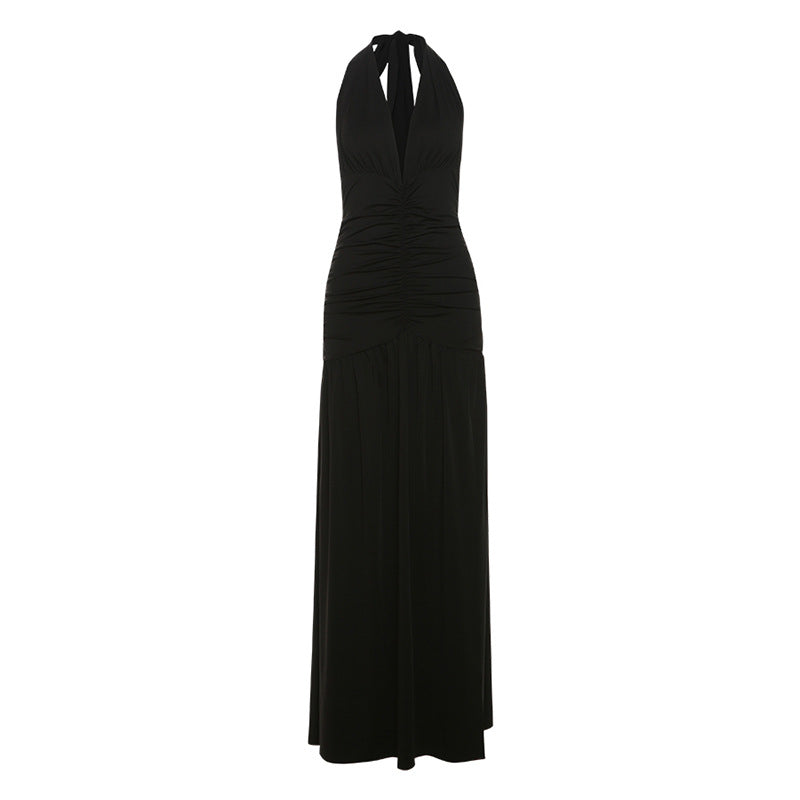 Damen Maxi Kleid mit gerafftem Design und tiefem V-Ausschnitt Drune