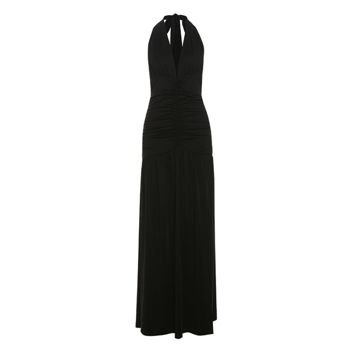 Damen Maxi Kleid mit gerafftem Design und tiefem V-Ausschnitt Drune