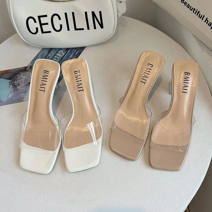 Damen Transparente Slip-On‑Sandalette mit quadratischer Zehenbox und facettiertem Acryl‑Blockabsatz Drune