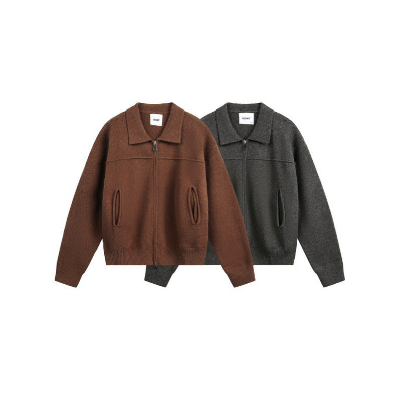 Herren Gestrickte Zipjacke mit Hemdkragen, Rippbündchen und verdeckten Eingrifftaschen Drune