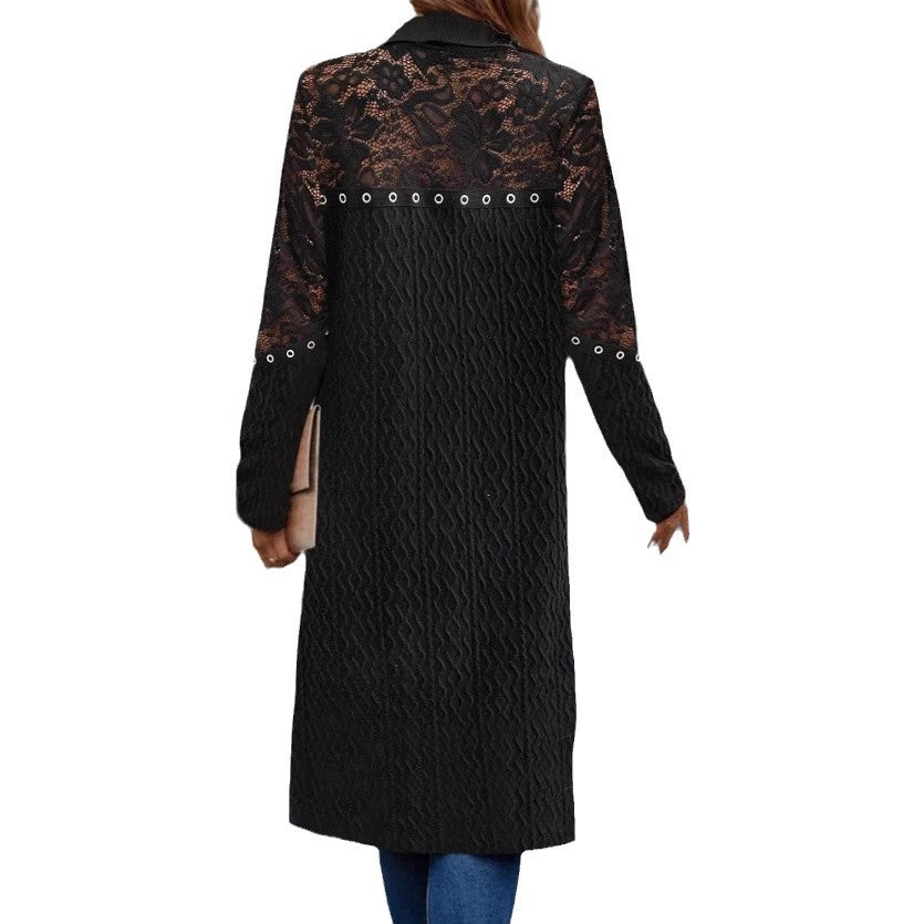 Damen nan langer Spitzen-Cardigan mit Ösenbesatz, transparenten Ärmeln und strukturierter Strickoptik Drune