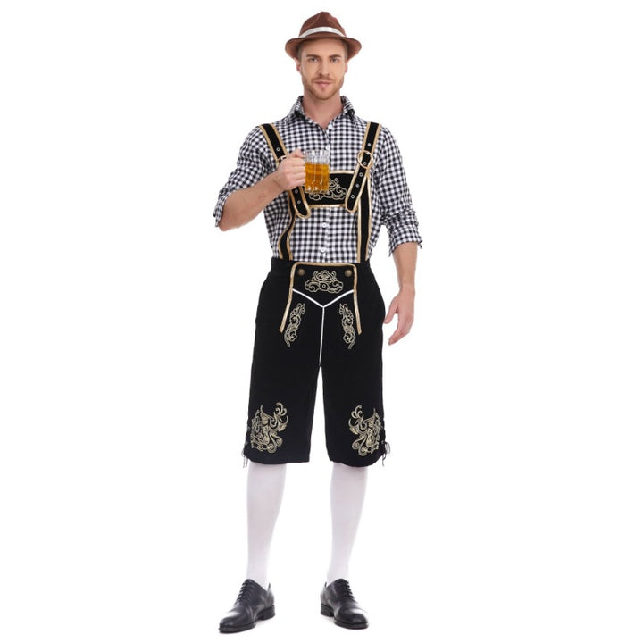 Herren nan Filzoptik-Lederhose knielang mit barocker Stickerei, verstellbaren Trägern und Dekornieten Drune