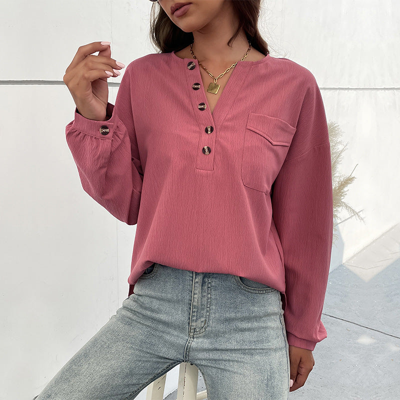 Damen Texturiertes Henley-Blusenshirt mit Knopfleiste und Brusttasche Drune