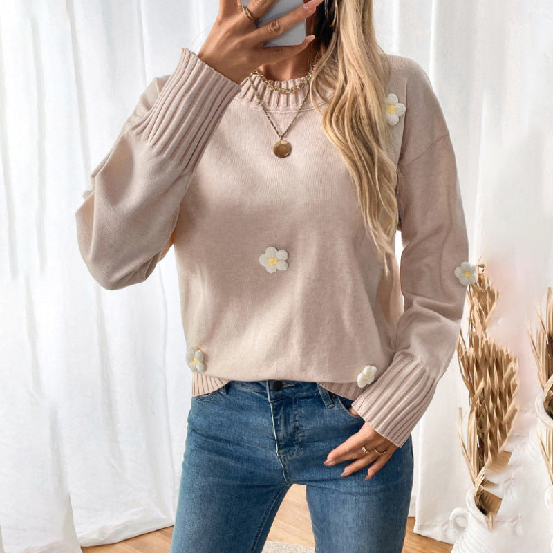 Damen Lässiger Rundhals-Pullover mit 3D-Blüten-Applikationen und gerippten Bündchen Drune