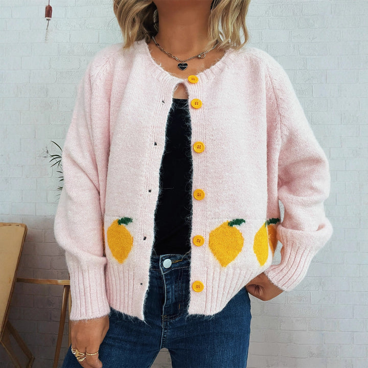 Damen kuschelige Strickjacke mit Zitronen-Motiv und bunten Knöpfen Drune