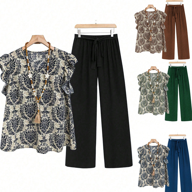 Damen Zweiteiliges Ensemble mit Rüschen-Printbluse und weitem Taillen-Hosenmodell Drune