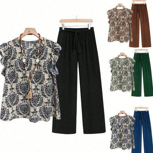 Damen Zweiteiliges Ensemble mit Rüschen-Printbluse und weitem Taillen-Hosenmodell Drune