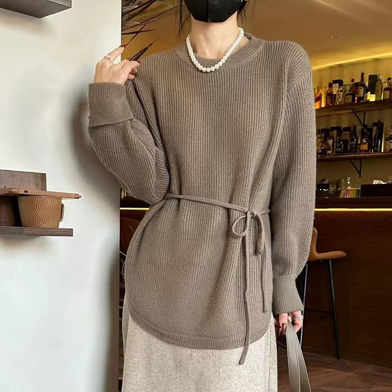 Damen lockerer Strickpulli mit Taillenschnürung und lässigem Schnitt Drune